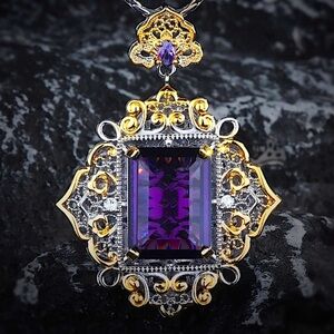 Antique Amethyst Pendant Necklace, Two Tone, Gold, Silver, Women’s, Gemstone,